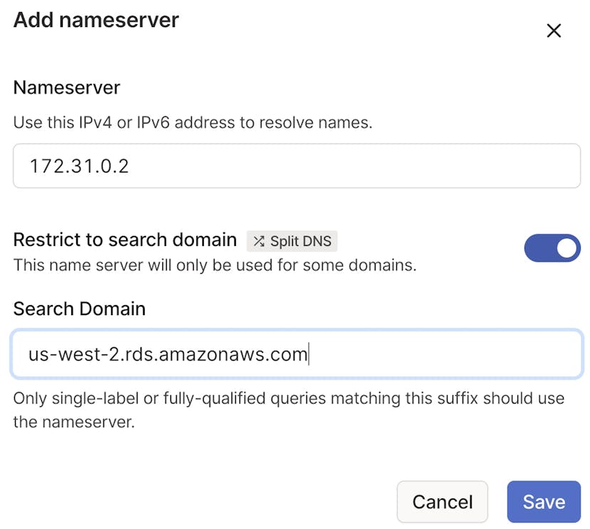 Adding a split DNS resolver for us-west-2.rds.amazonaws.com
