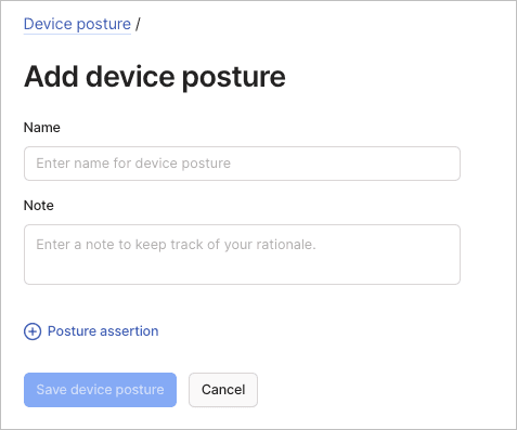 Add device posture rule form with fields for rule name and device attribute conditions.