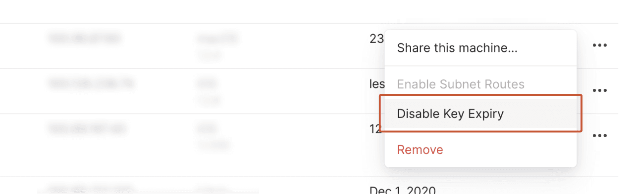 A screenshot of the 'disable key expiry' option on the Machines page of the admin console.
