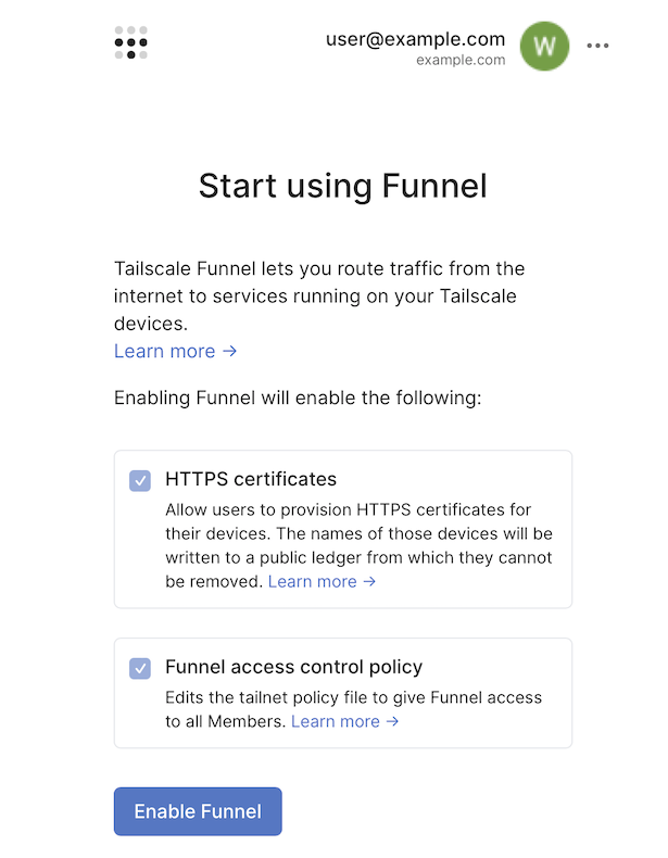The 'Start using funnel' web consent page