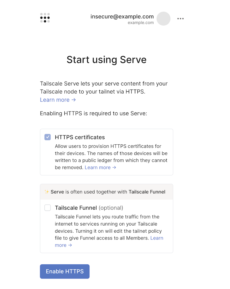 The 'Start using serve' web consent page