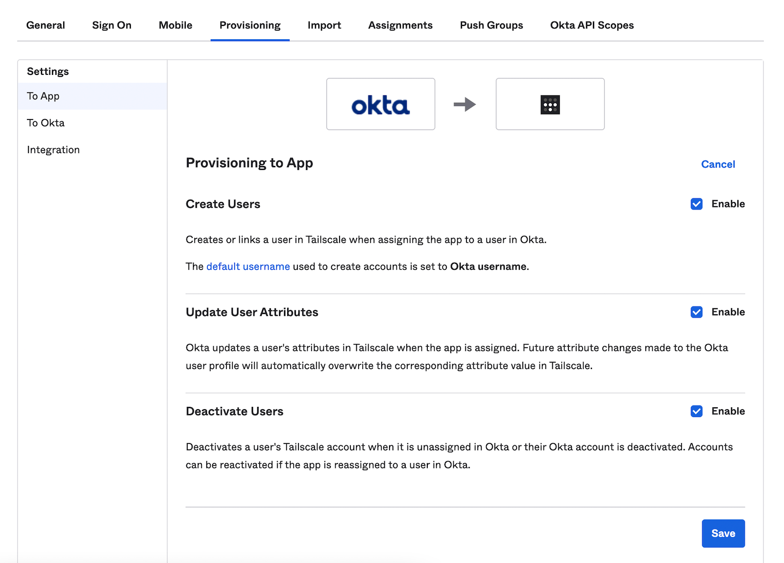 Enable User Sync features in Okta Admin UI