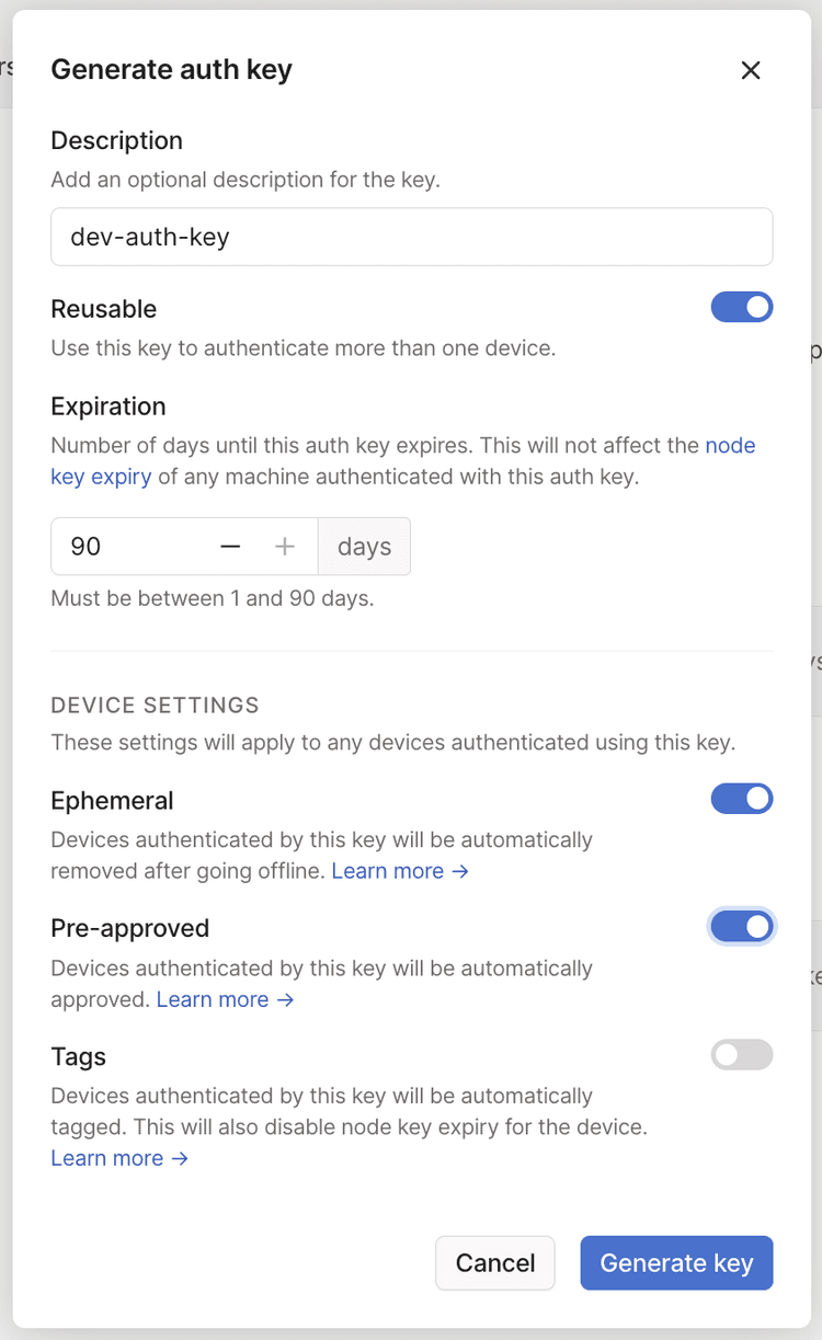 Tailscale's auth key generation page