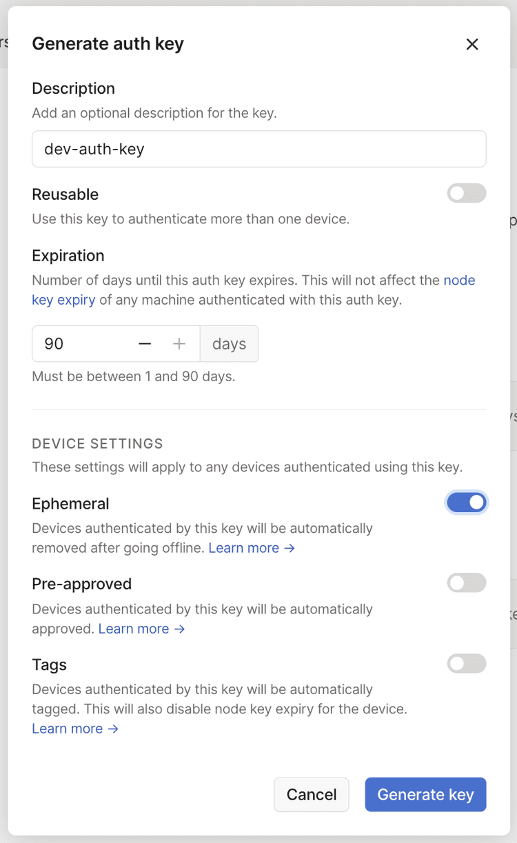 A screenshot of the admin console, showing the auth key page with ephemeral keys highlighted