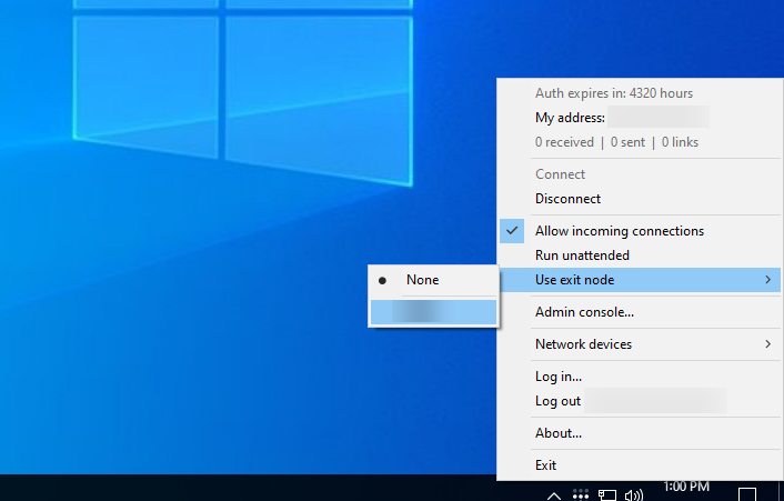 The Tailscale menu on Windows, opened to 'Use exit node'