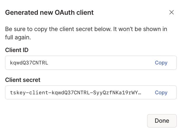 The 'Generate OAuth client' page in the admin console