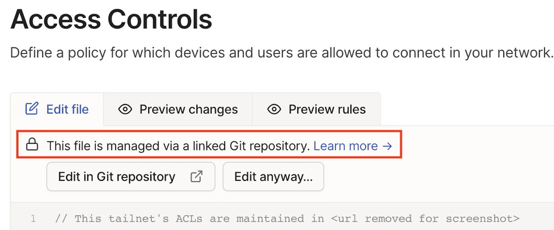 A screenshot of the warning shown in the tailnet policy file.