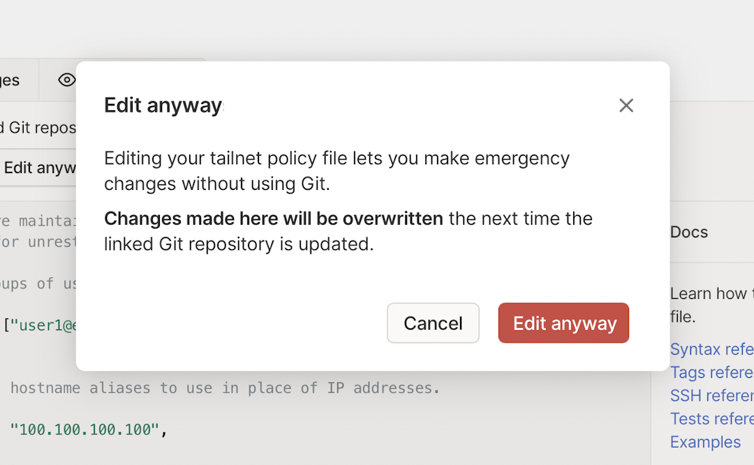 A screenshot of the warning shown when trying to edit a tailnet policy file which is using GitOps.