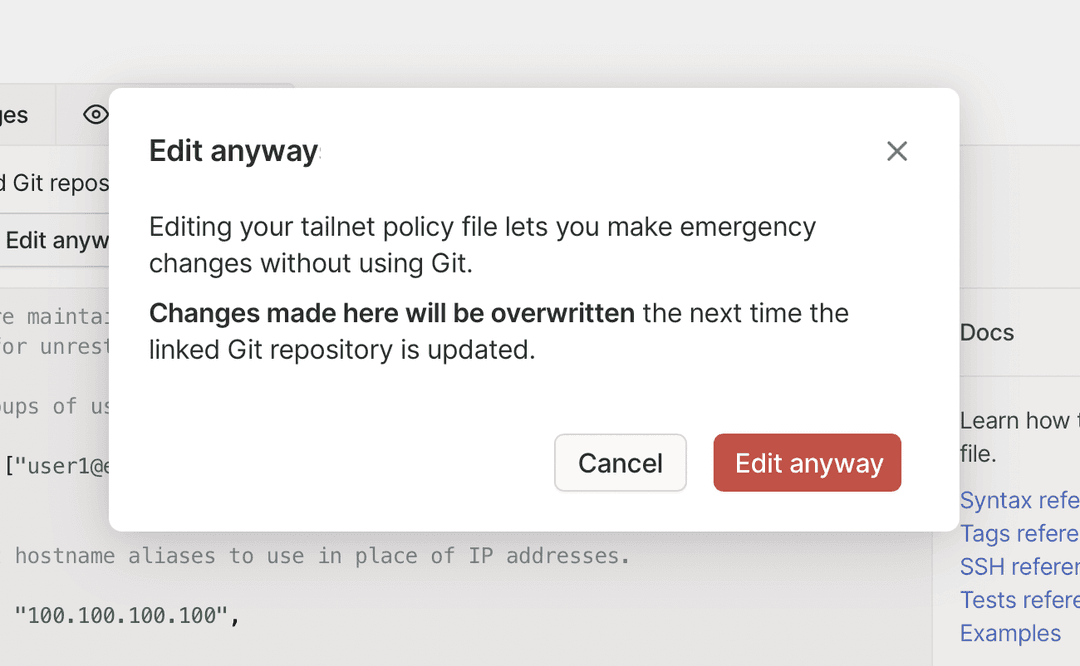 A screenshot of the warning shown when trying to edit a tailnet policy file which is using GitOps.