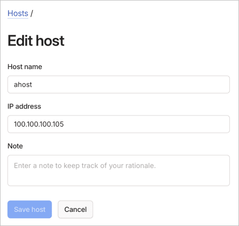 Edit host form showing fields for modifying host name and IP address.
