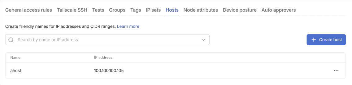 Hosts tab showing one host definition: 'ahost' mapped to IP address 100.100.100.105.