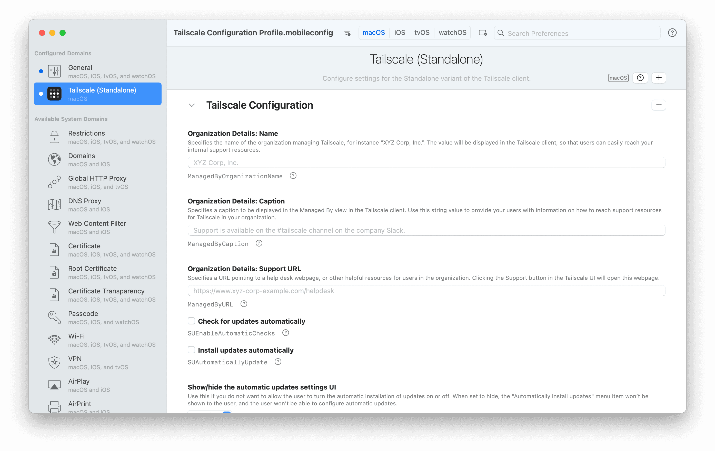 A screenshot of iMazing Profile Editor configuring Tailscale system policies