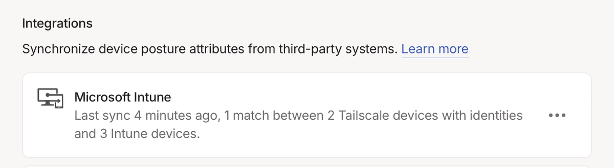 Integrations: Microsoft Intune: Last sync 4 minutes ago, 1 match between 2 Tailscale devices with identifies and 3 Intune devices