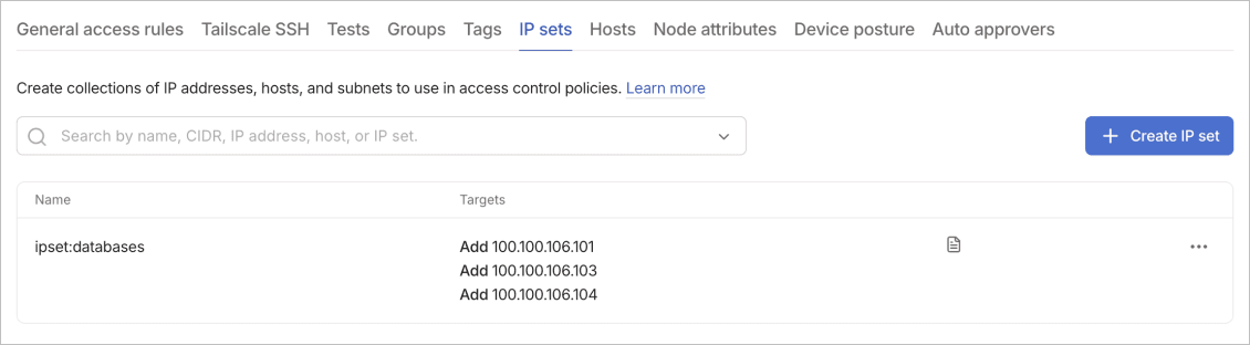 IP sets tab displaying ipset:databases with three IP addresses added: 100.100.106.101, 100.100.106.103, and 100.100.106.104.