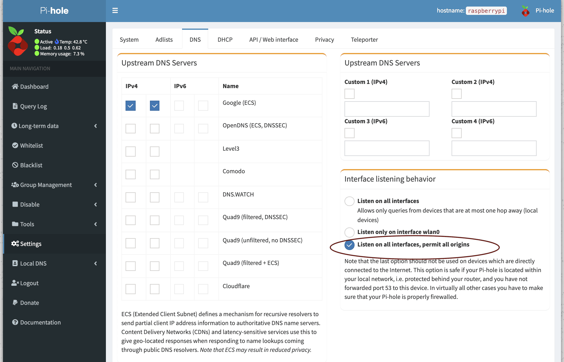 Pi-hole Admin page in Settings : DNS showing 'Listen on all interfaces, permit all origins' is selected.