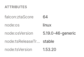 Attributes. falcon:ztaScore: 64. node:os: linux. node:osVersion: 5.19.0-46-generic. node:tsReleaseTrack: stable. node:tsVersion: 1.53.20.