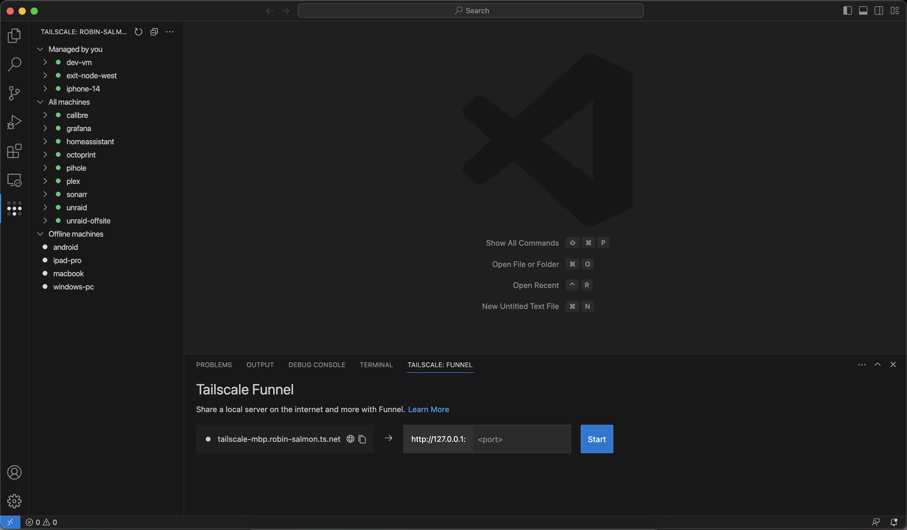 A screenshot of VS Code with the Tailscale Funnel and Machine explorer panels visible