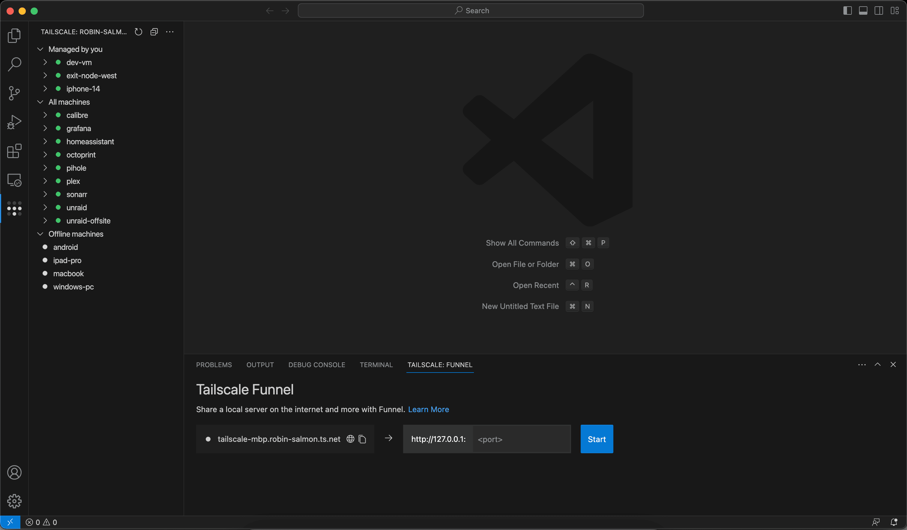 A screenshot of VS Code with the Tailscale Funnel and Machine explorer panels visible