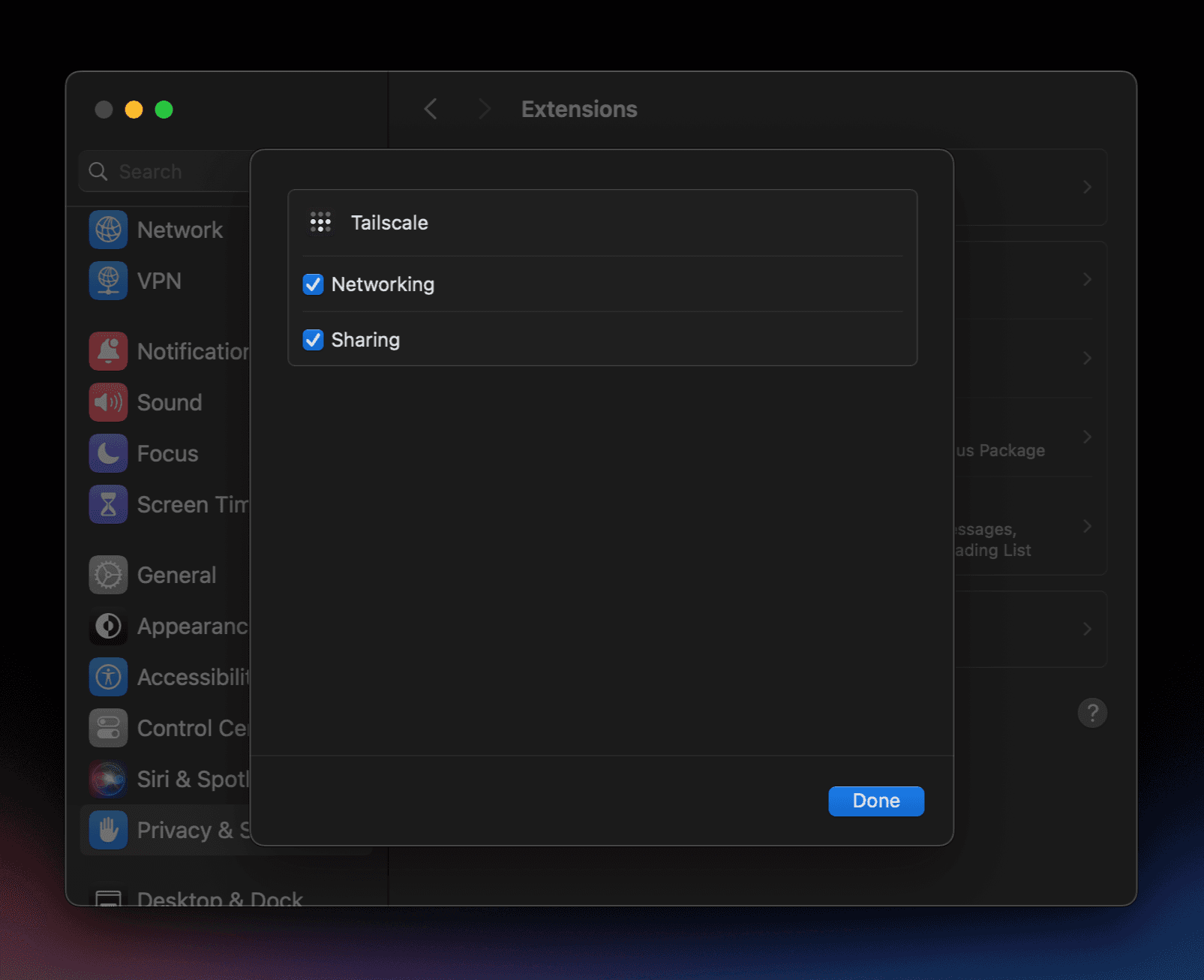 Enable the Tailscale app in System Settings > Privacy and Security > Extensions > Added Extensions. Check Sharing under Tailscale