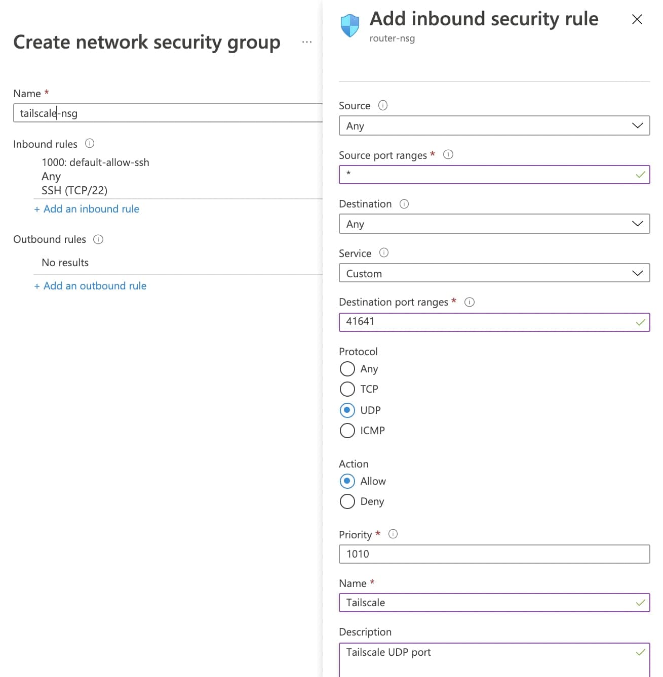 Network Security Group allow port 41641