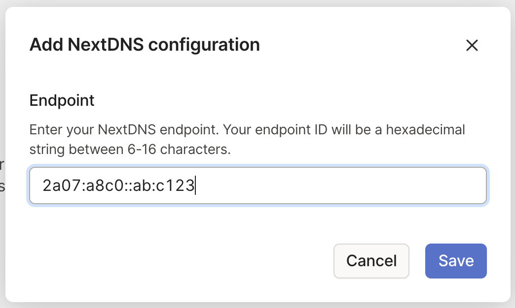 A screenshot of entering the NextDNS profile IPv6 address as a custom global nameserver.