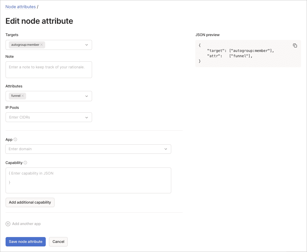 Edit node attribute form showing fields for modifying targets and attributes.