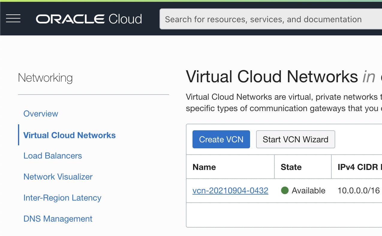 Virtual Cloud Networks list