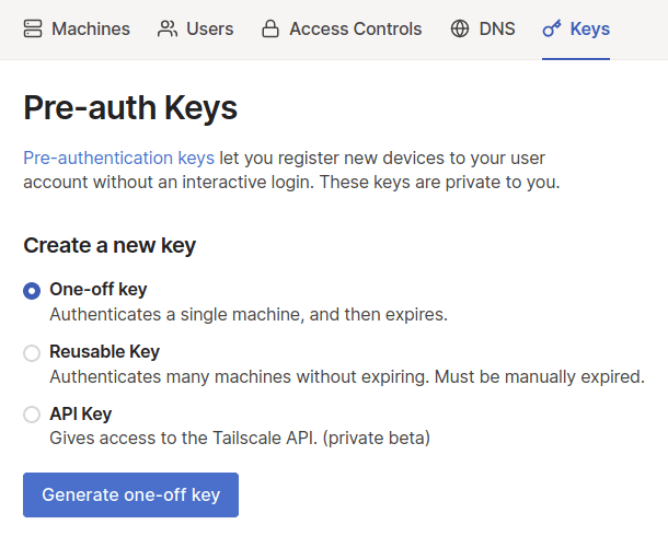 The key creation screen from the Tailscale admin UI