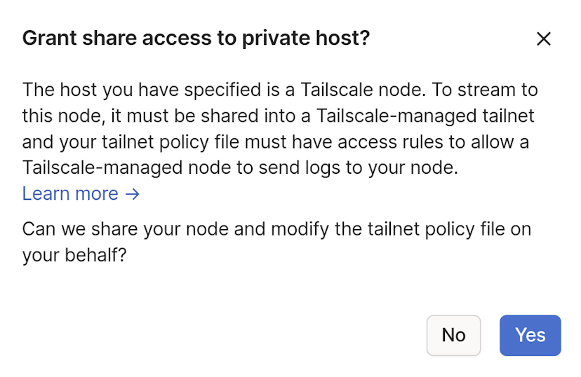 A screenshot of the confirmation dialog to share the node or update the tailnet policy file