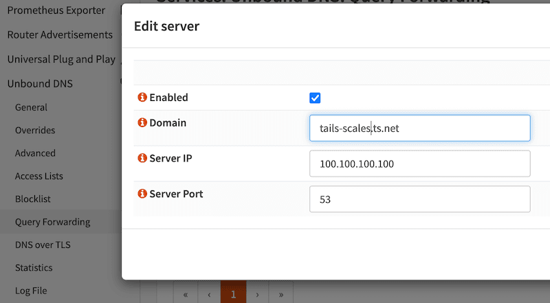 Set Services : Unbound DNS : Query Forwarding to send tails-scales.ts.net to 100.100.100.100