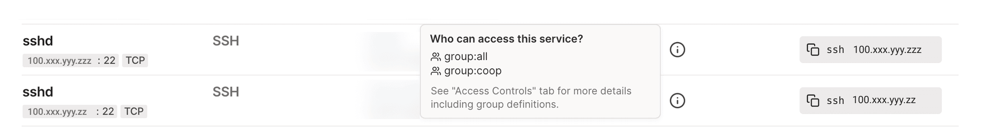 A screenshot of the services ACL preview, showing which users are allowed to access this service.