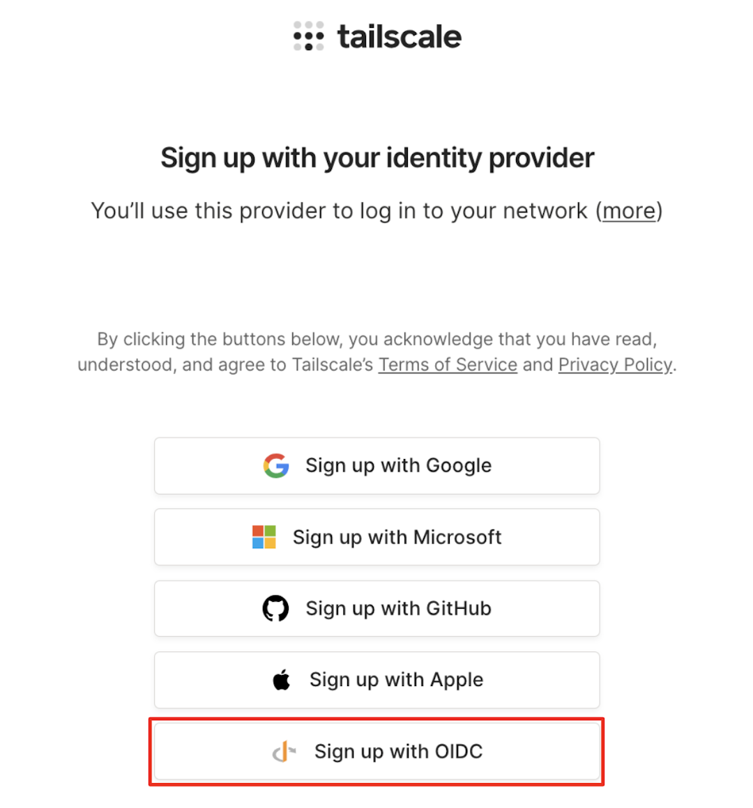 Select OIDC when signing up to Tailscale