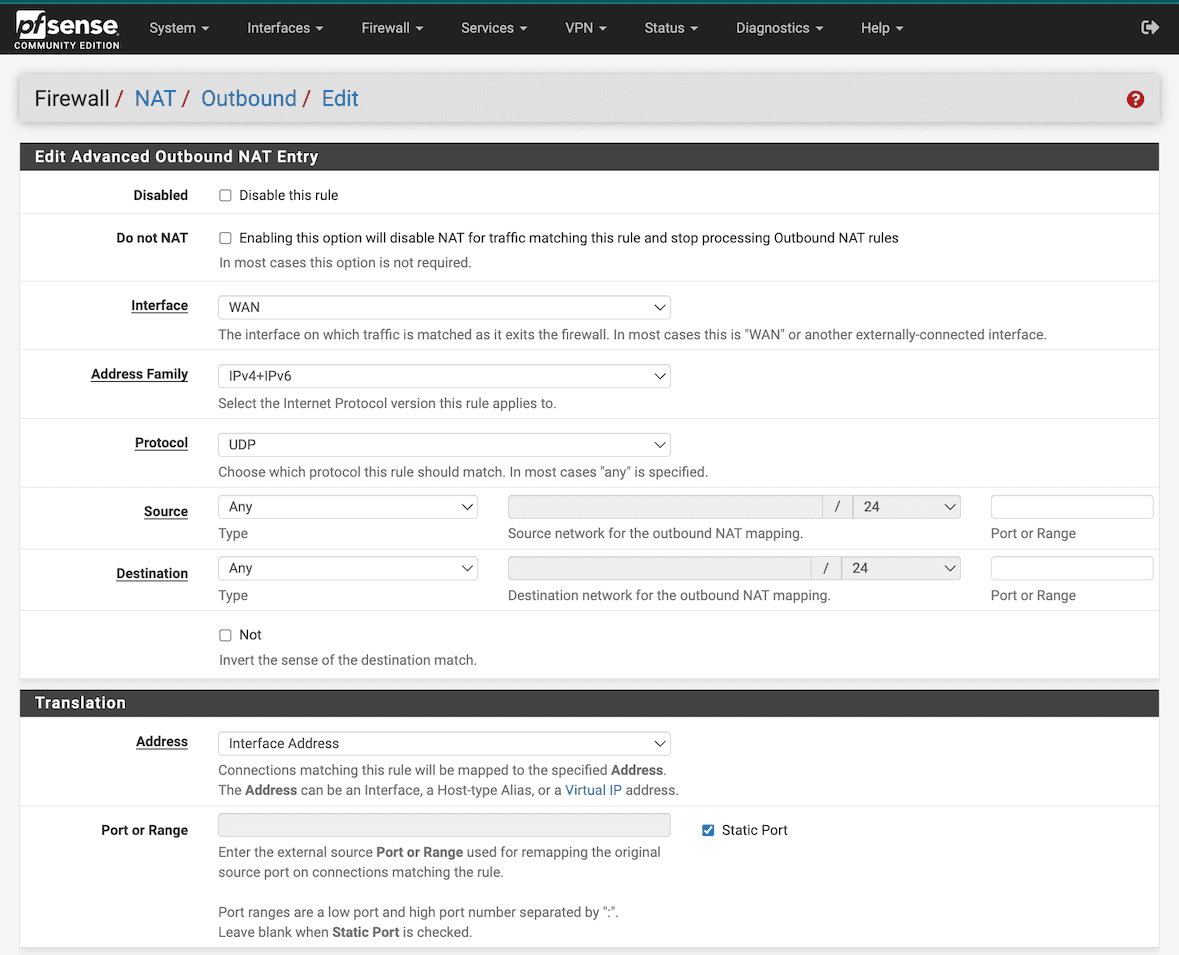 Example Static NAT port mapping configuration in Firewall : NAT : Outbound