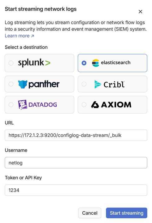 A screenshot of the Start streaming network logs dialog