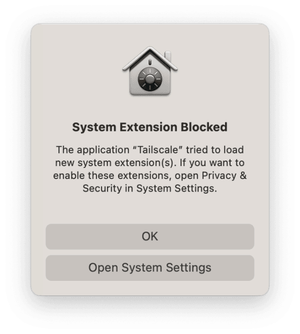 A screenshot of the macOS system extension warning