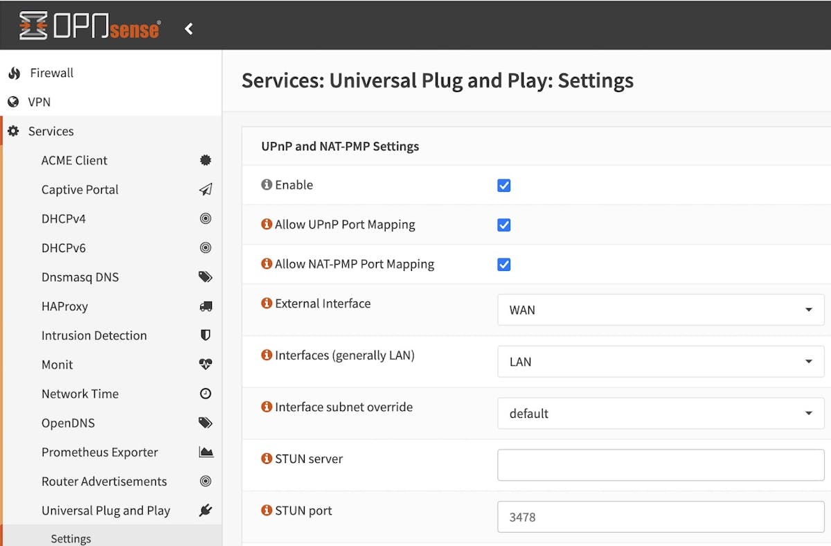 Enabling Allow NAT-PMP Port Mapping in Services : Universal Plug and Play : Settings