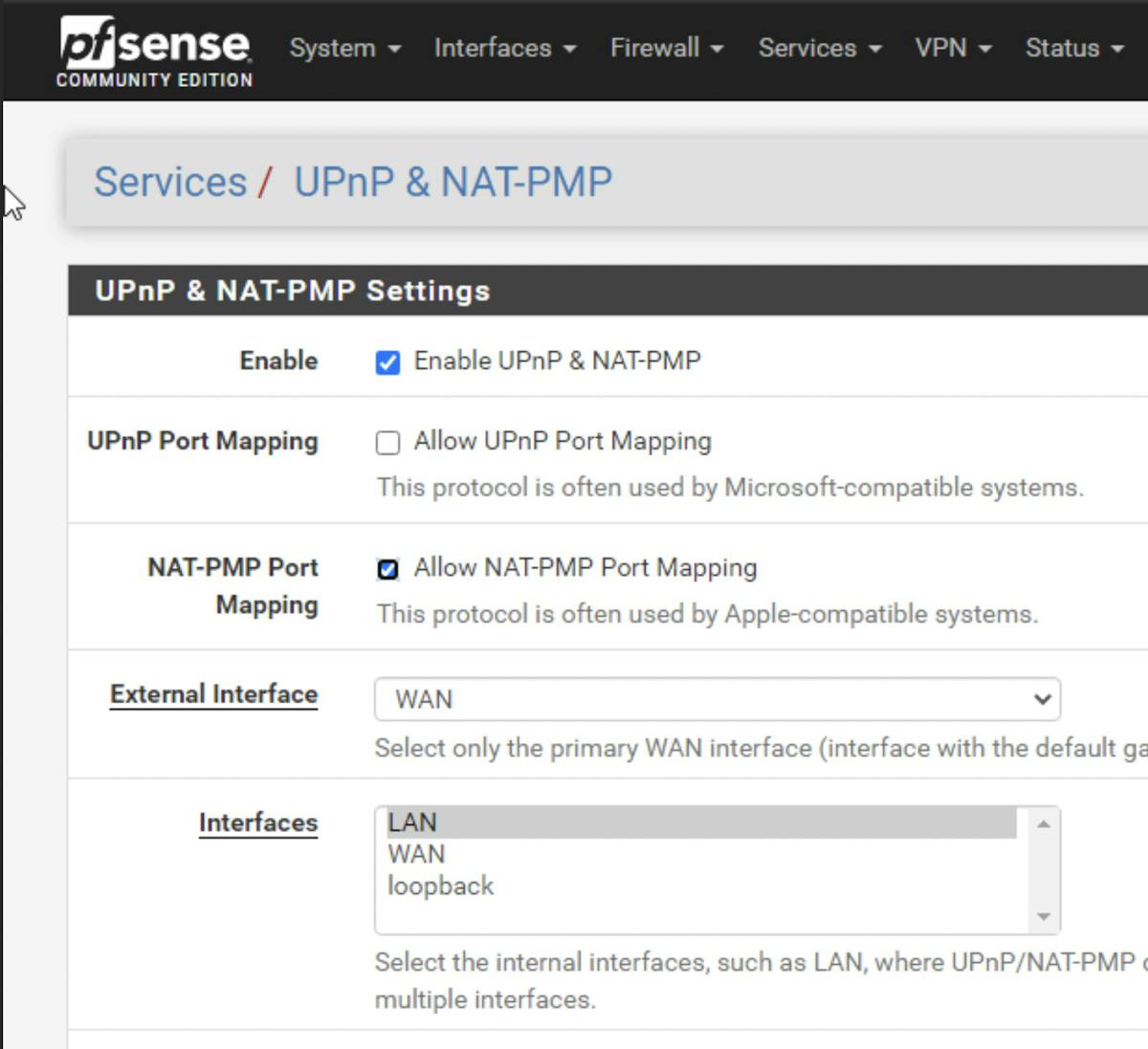 Enabling Allow NAT-PMP Port Mapping in Services : UPnP & NAT-PMP : Settings