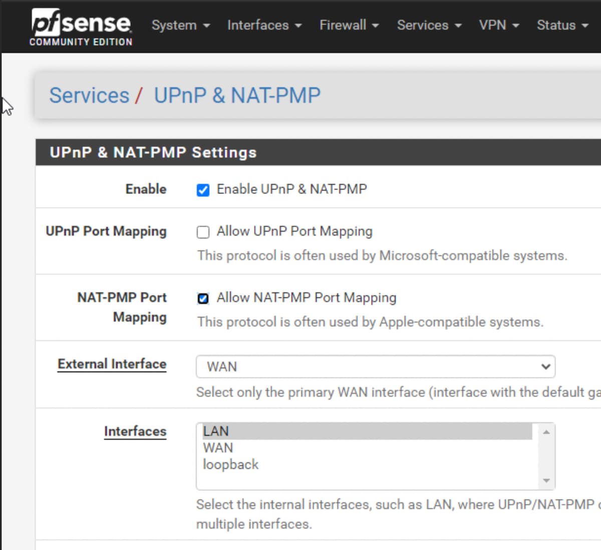 Enabling Allow NAT-PMP Port Mapping in Services : UPnP & NAT-PMP : Settings