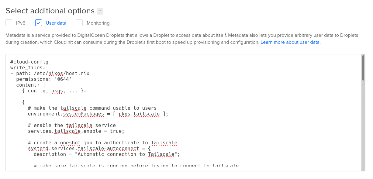 The droplet user data pasted into the user data field