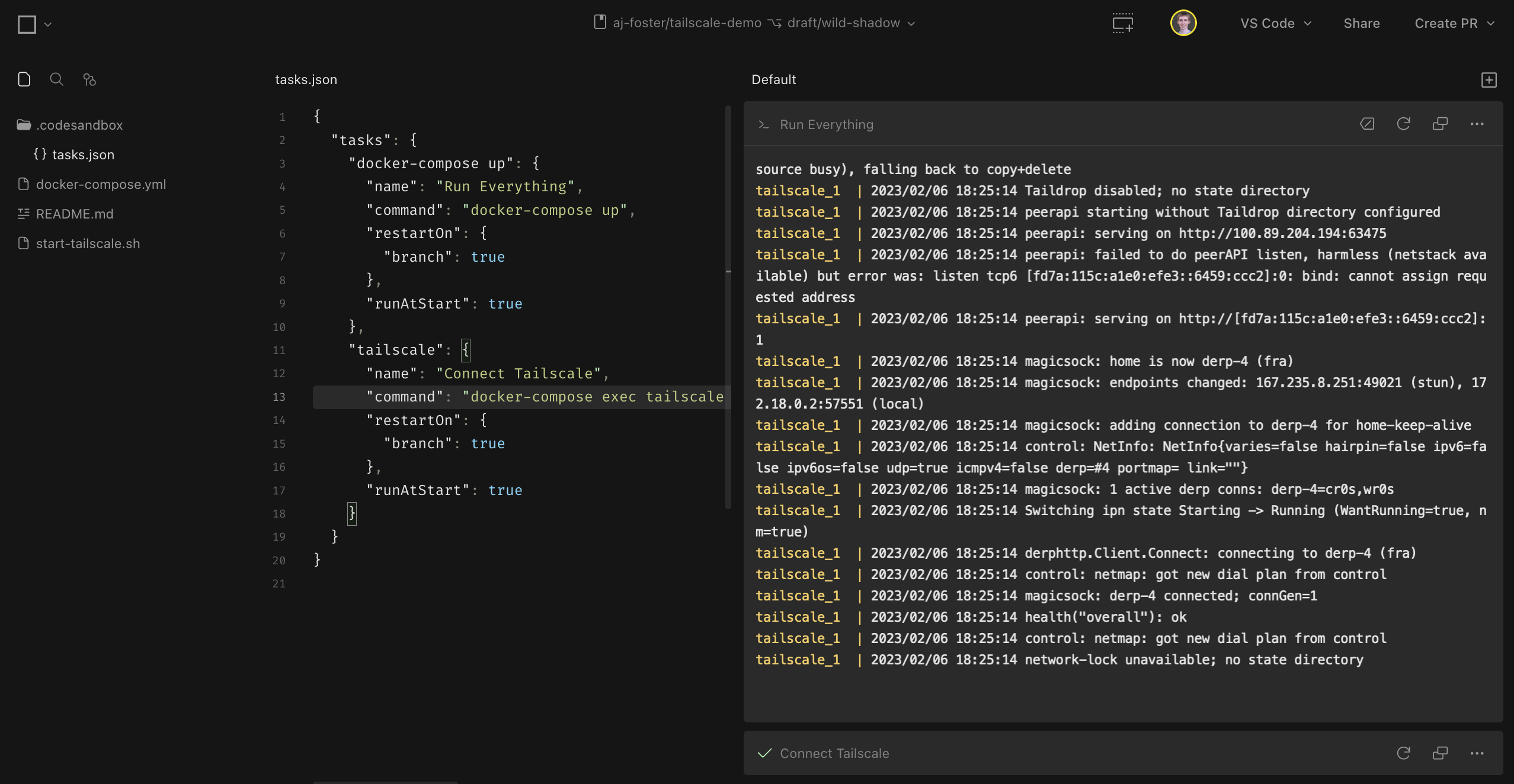 Screenshot of CodeSandbox Repository environment connected to Tailscale.